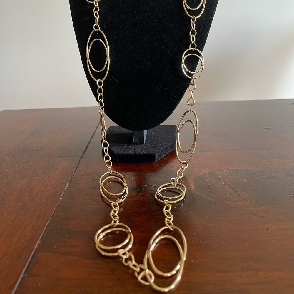 Gold tone long necklace oval and round stations lobster clasp unmarked